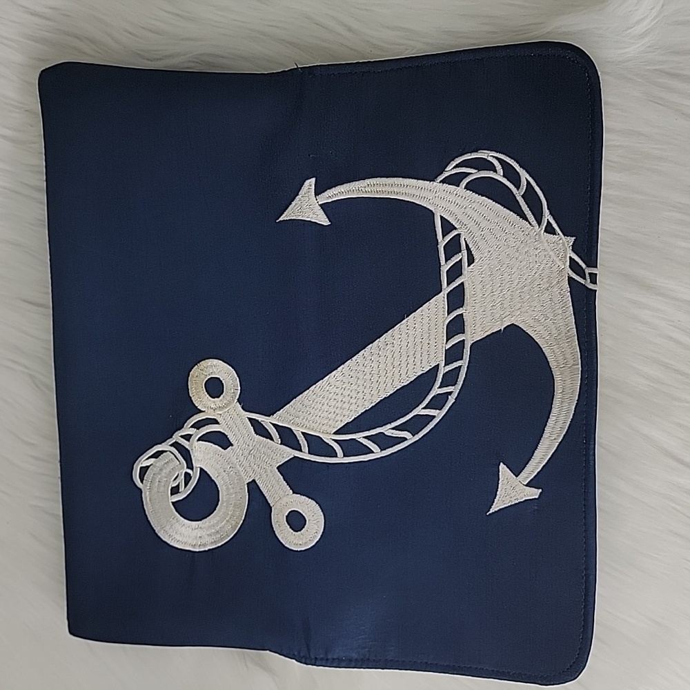 SHIRALEAH Navy Blue Silk White Embroidered Anchor Nautical Preppy Clutch Bag - Picture 3 of 16
